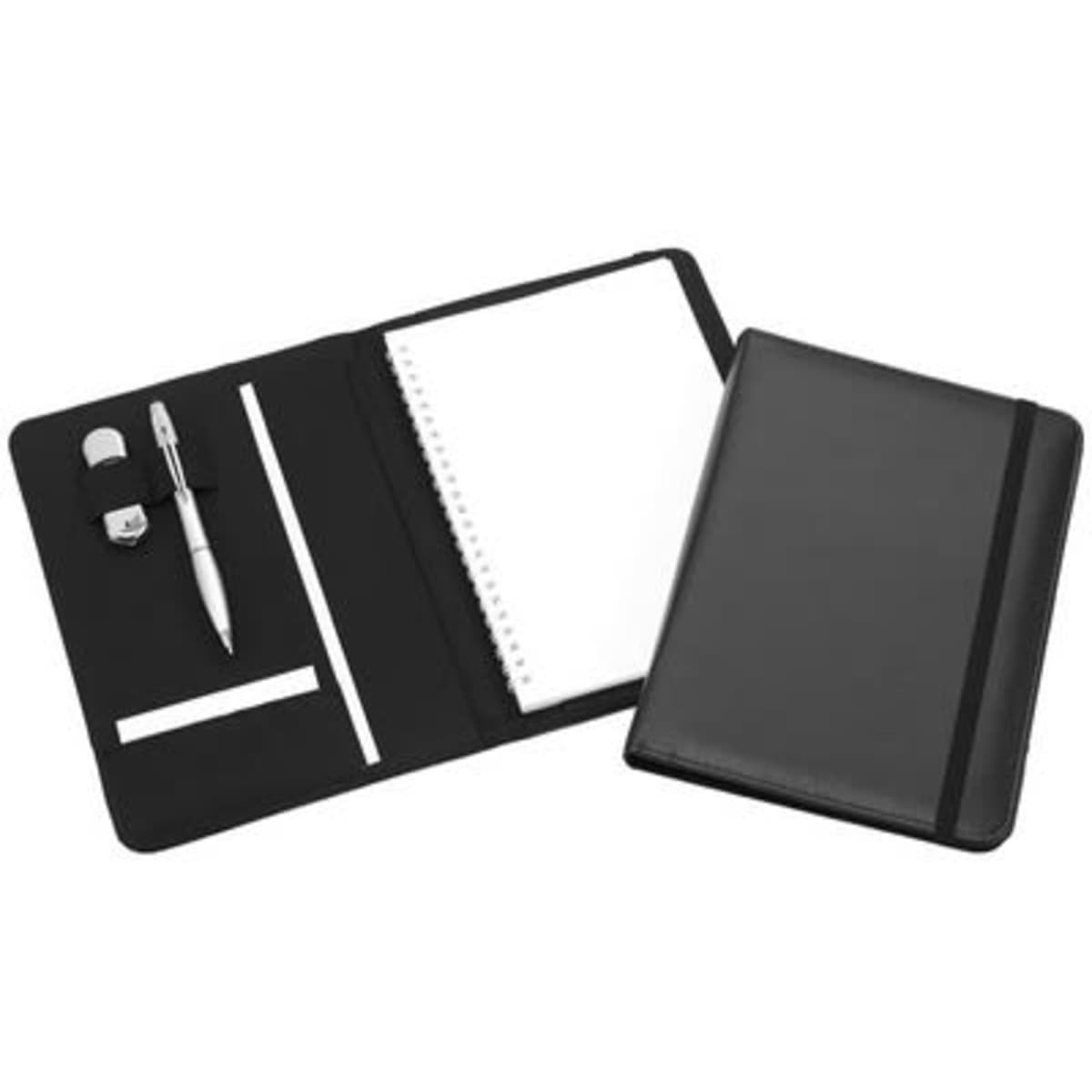 A black A5 refillable notebook with an elastic closure, featuring a pen, sticky notes, and a spiral notepad inside.