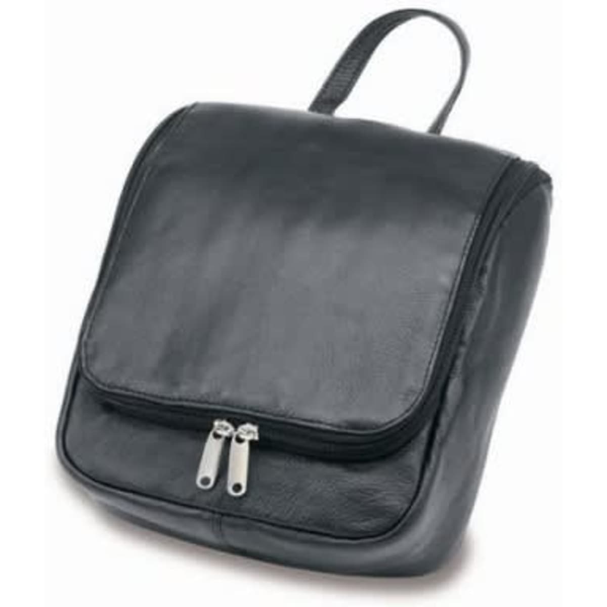 A black premium leather travel/wet pack with a zip closure and hanging handle. Features a smooth texture and branded logo.