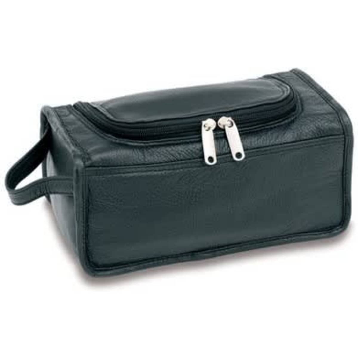 A premium leather unisex toiletry bag in dark green with a zip closure and a handle. It features a logo.