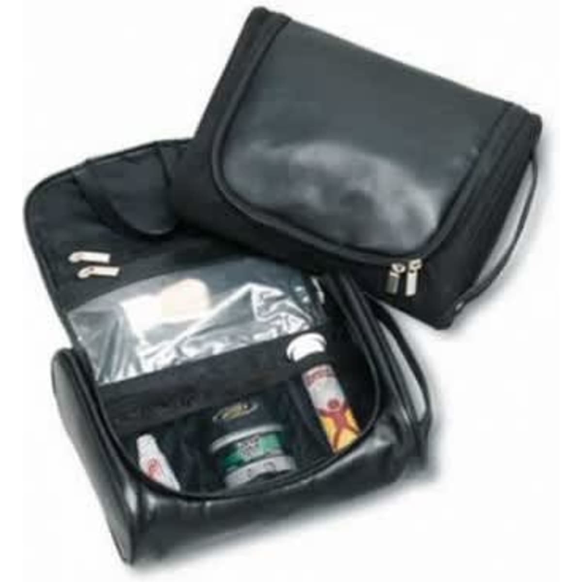 A black premium leather travel/wet pack with multiple compartments and zippers, featuring bottles and a clear pocket.