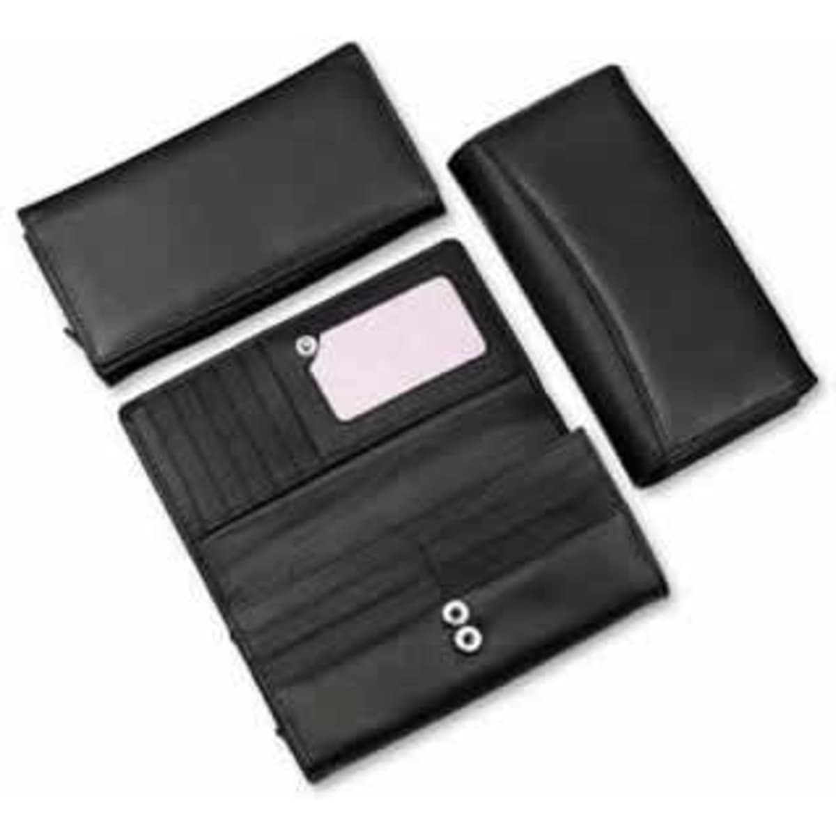 A premium black leather clutch purse featuring multiple compartments and a sleek design. Includes branding.