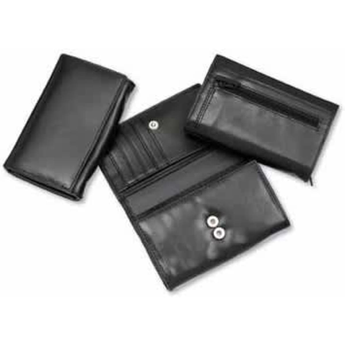 A collection of black leather clutch purses, featuring various designs and compartments, some with zippers and buttons.