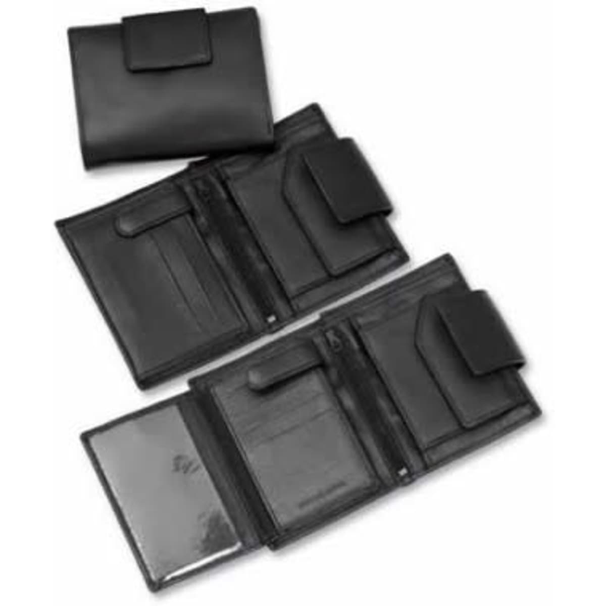 A black premium compact leather purse with multiple compartments and a button closure, featuring a logo.