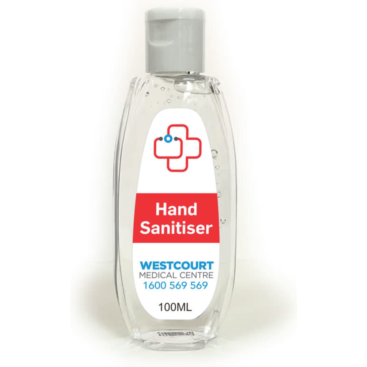 A transparent bottle of antibacterial hand sanitiser gel, 100ml, with a grey cap and a logo.