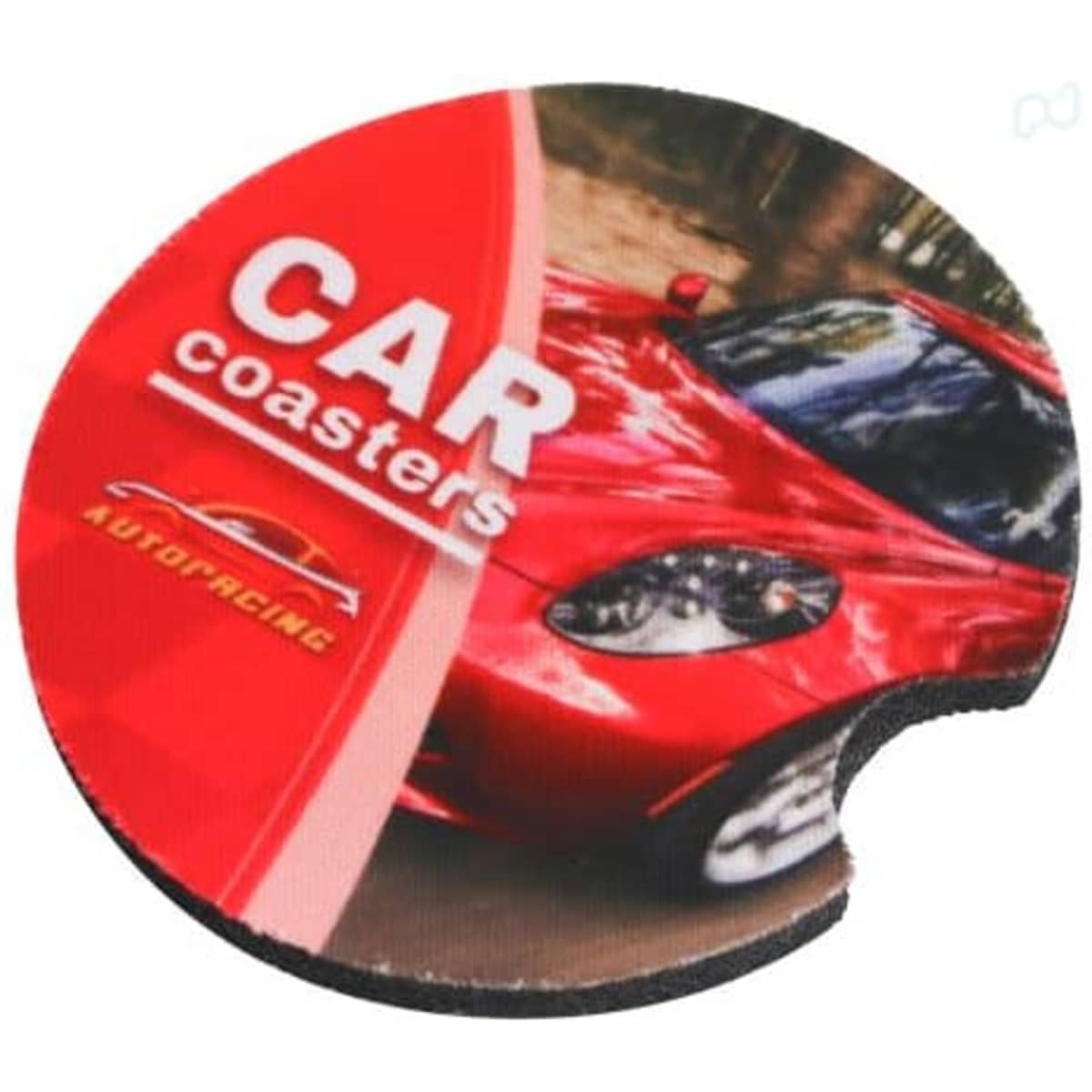 A round, full-colour neoprene car coaster featuring a red car design and a logo.