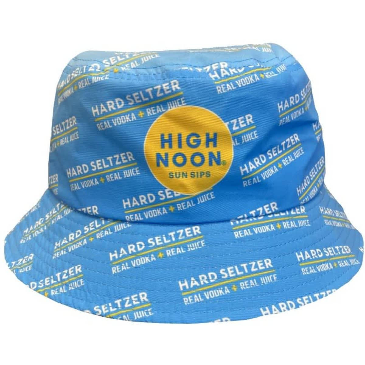 A blue sublimation printed bucket hat featuring a repeating pattern and a logo.