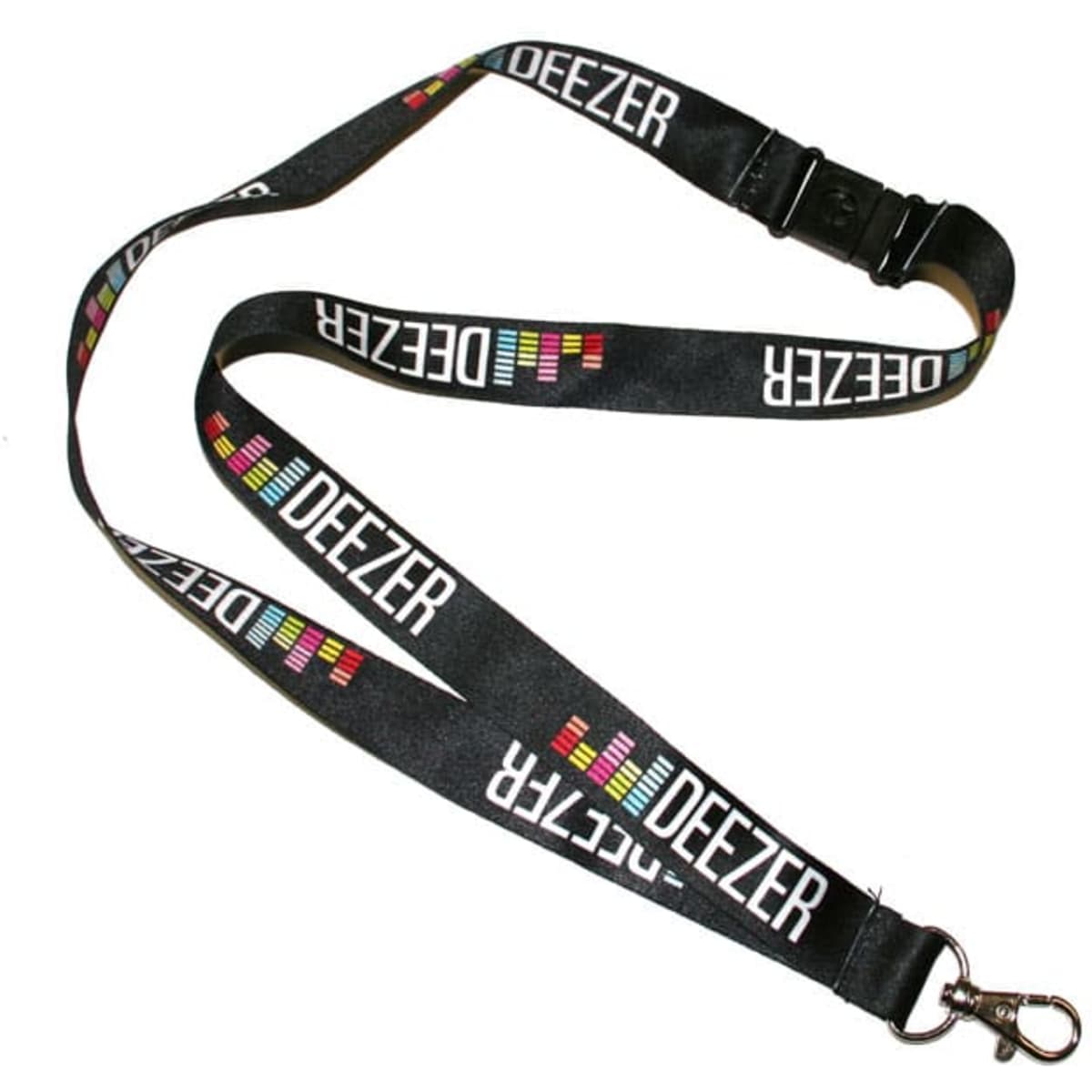 A black lanyard with a logo, featuring dye sublimation printed designs in a repeating pattern.