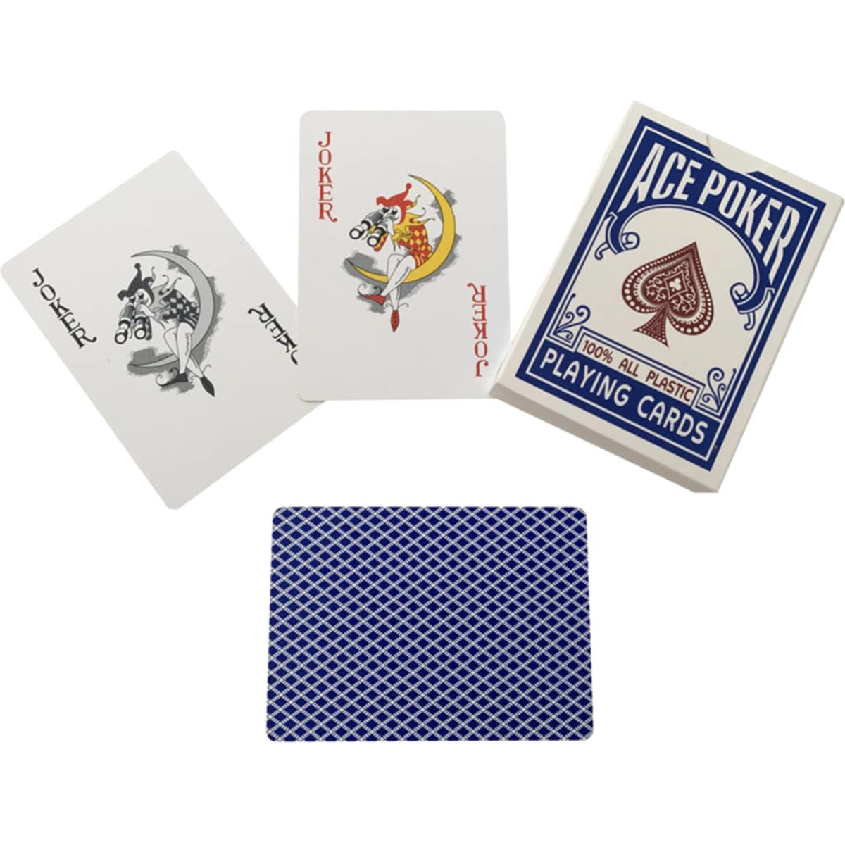 A set of PVC playing cards featuring a blue and white design with two joker cards displayed alongside the box.