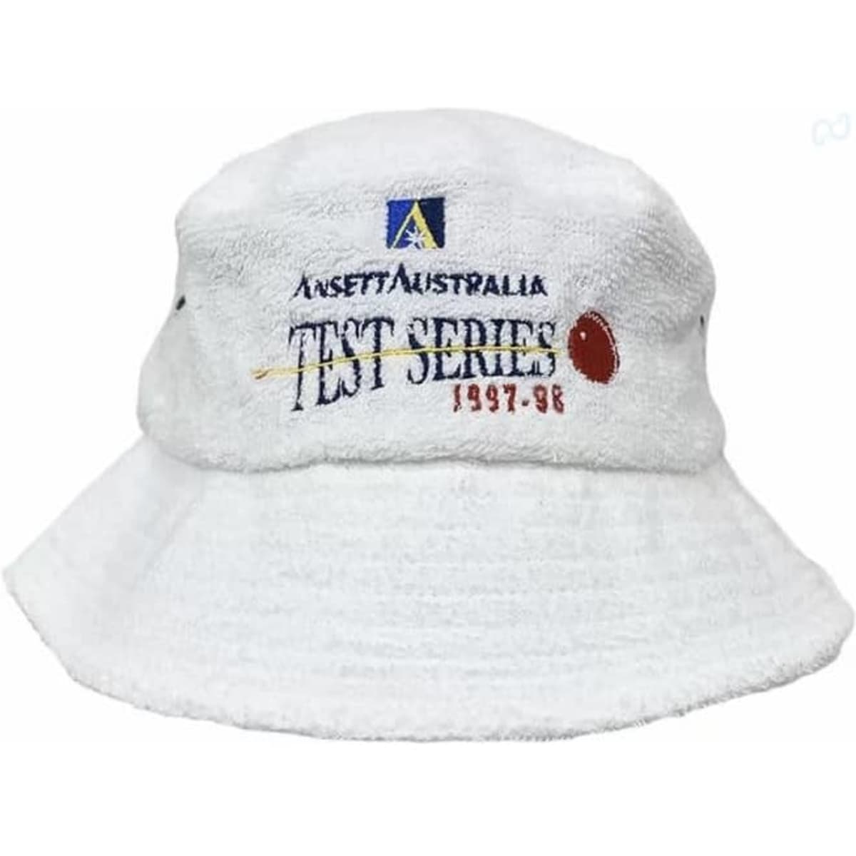 A white terry towelling bucket hat featuring a logo and text. The fabric has a soft, textured appearance.