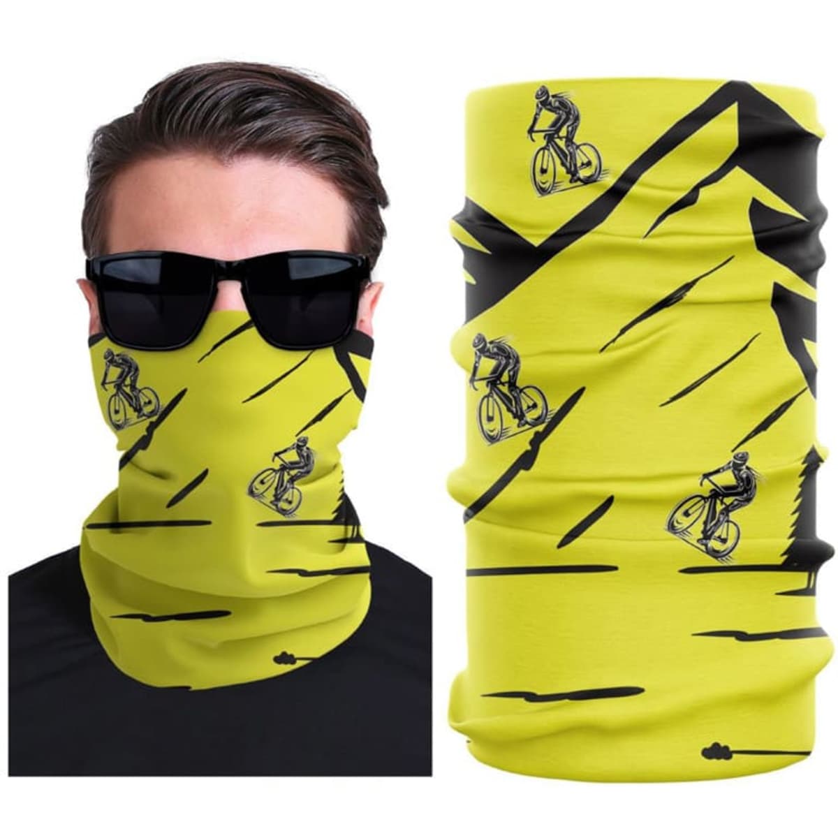 A multi-purpose headwear in bright yellow with black bicycle designs and a logo.