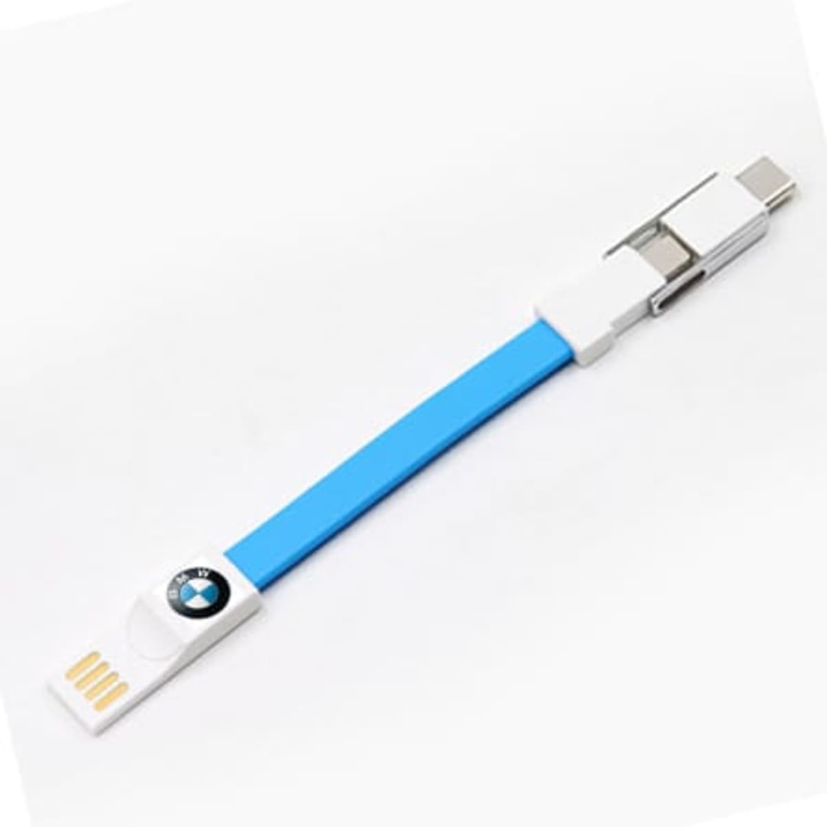 A 3 in 1 USB cable in blue and white, featuring a logo, designed for various charging needs.