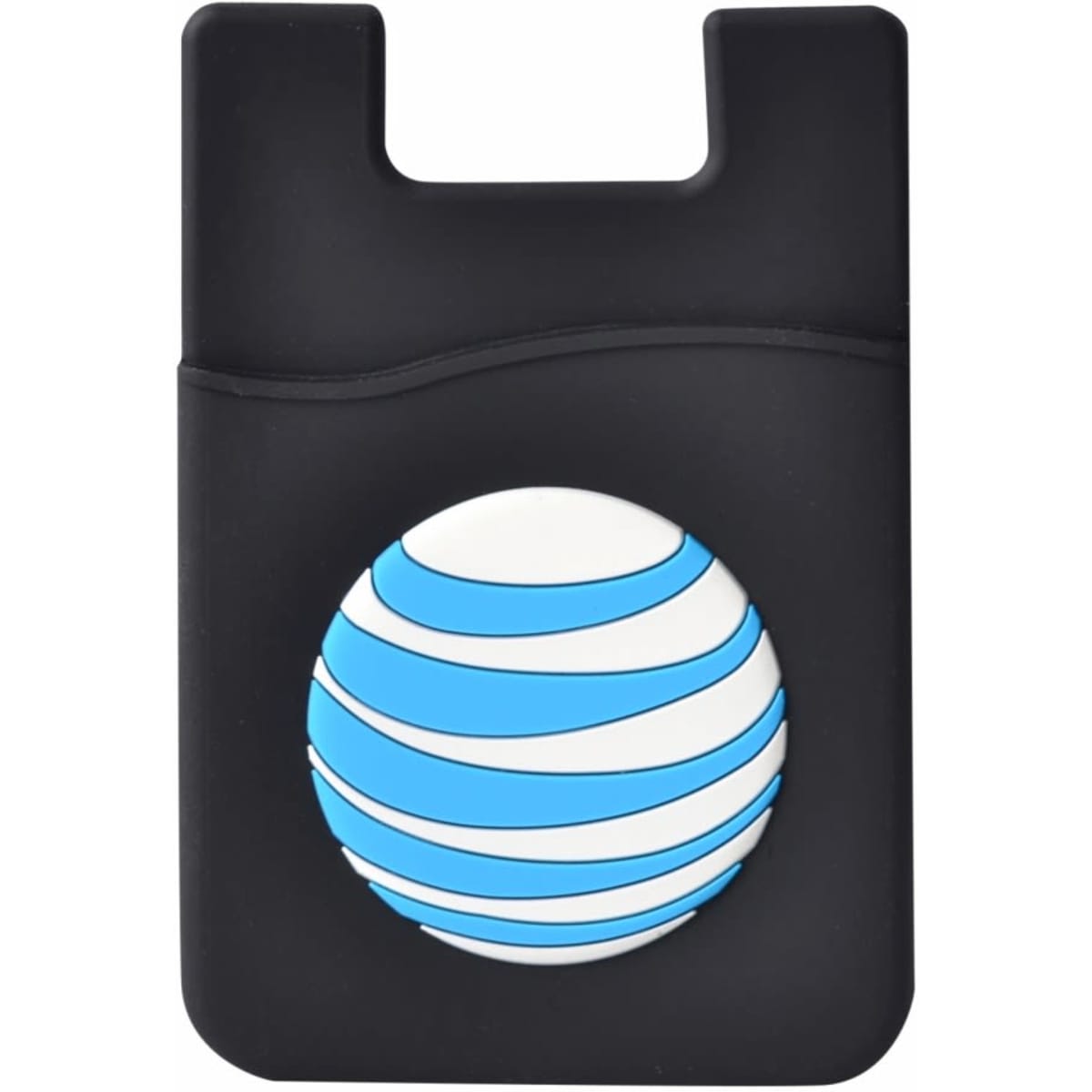 A black silicone mobile wallet featuring a 3D logo in blue and white, designed for holding cards.