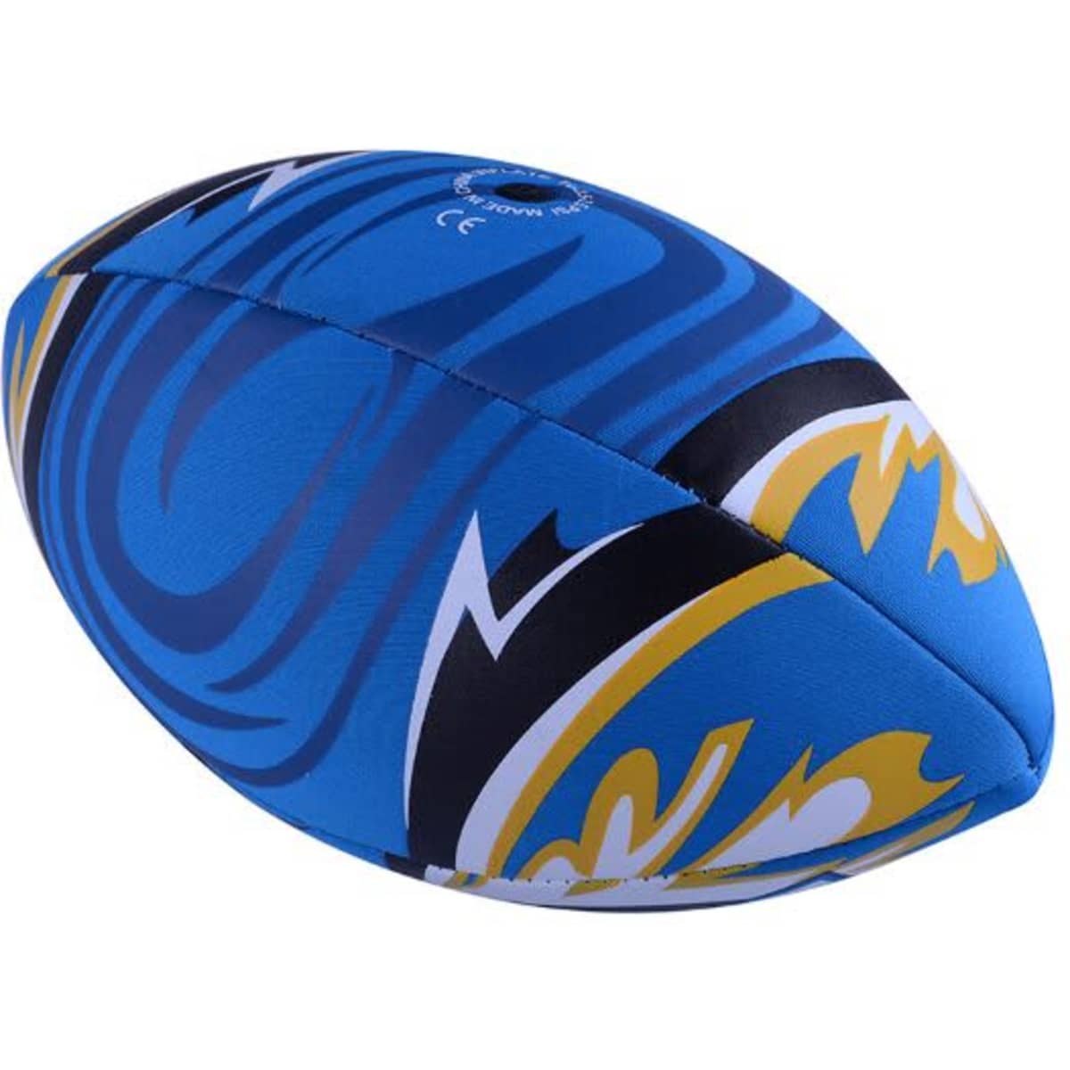 A soft rugby ball in blue, featuring vibrant yellow and black designs, with a logo present.
