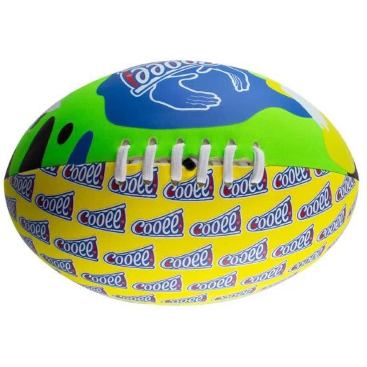 A soft AFL football in vibrant green, blue, and yellow, featuring a logo and various branding elements.