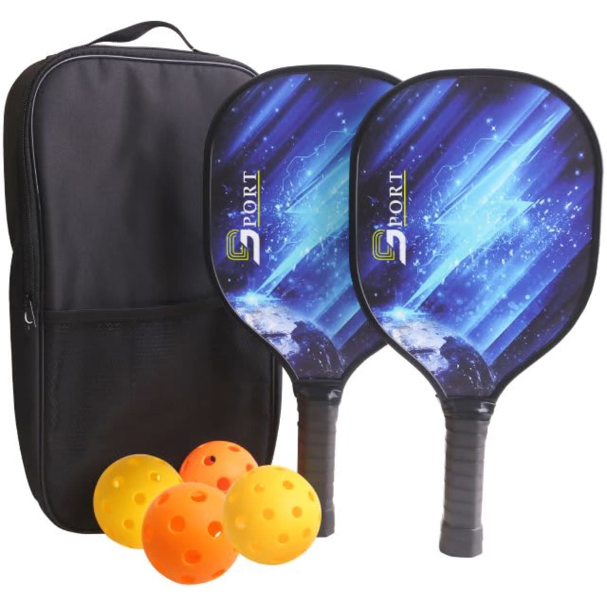 A wooden pickleball set featuring two paddles with a cosmic design, three yellow-orange balls, and a black carrying bag.