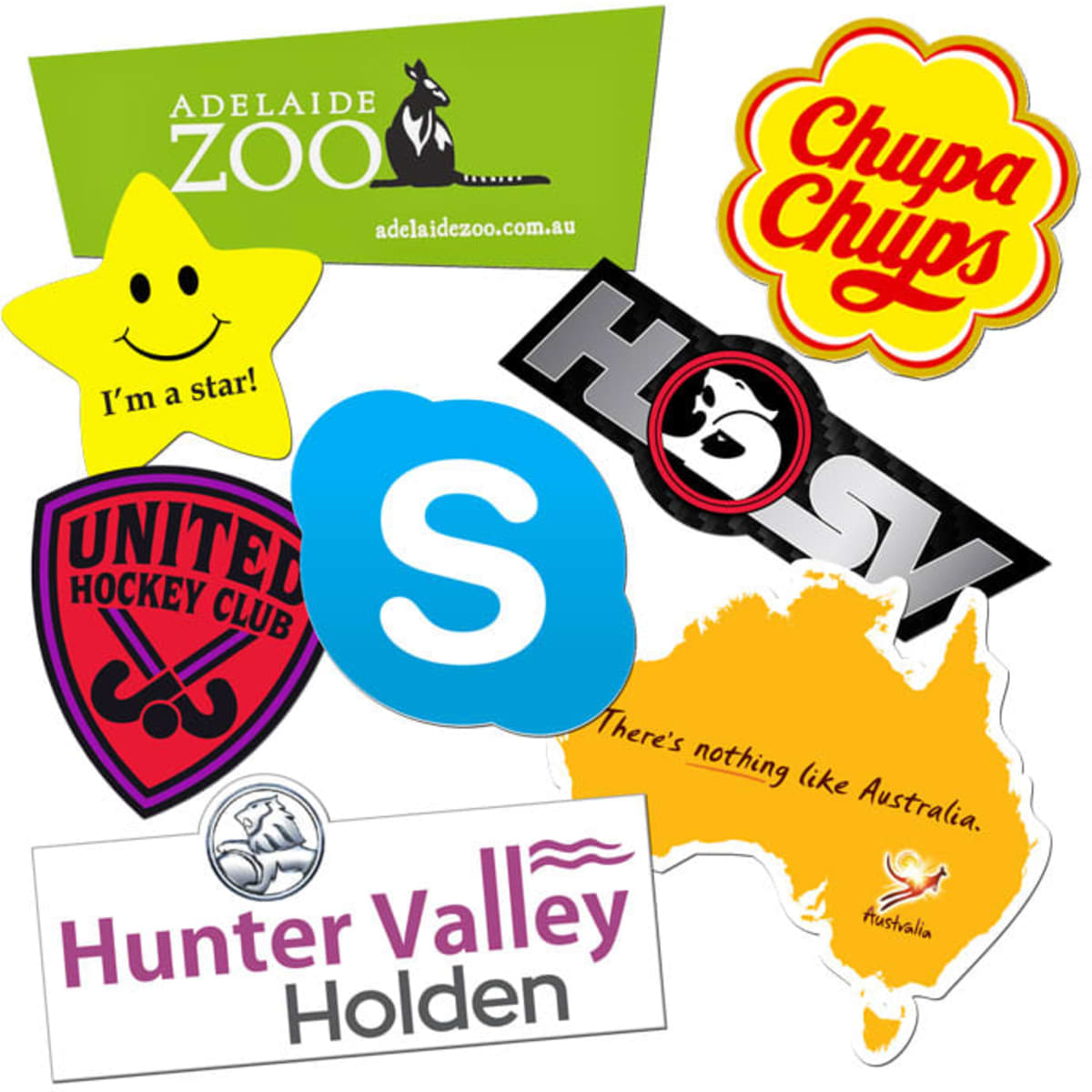 Custom vinyl stickers featuring various shapes, colours, and logos, including stars, animals, and brands.