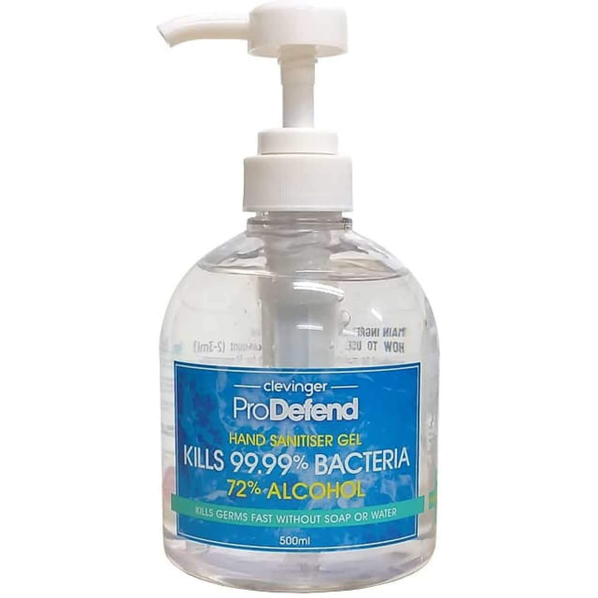 A clear, 500ml hand sanitiser gel bottle with a pump dispenser, featuring a label and a blue branding logo.