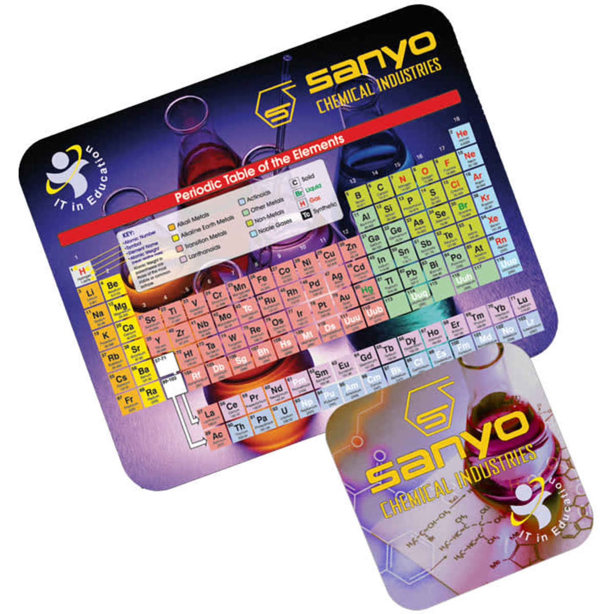 A colourful promotional gripper mat featuring a periodic table of elements and a matching coaster, both with a logo.
