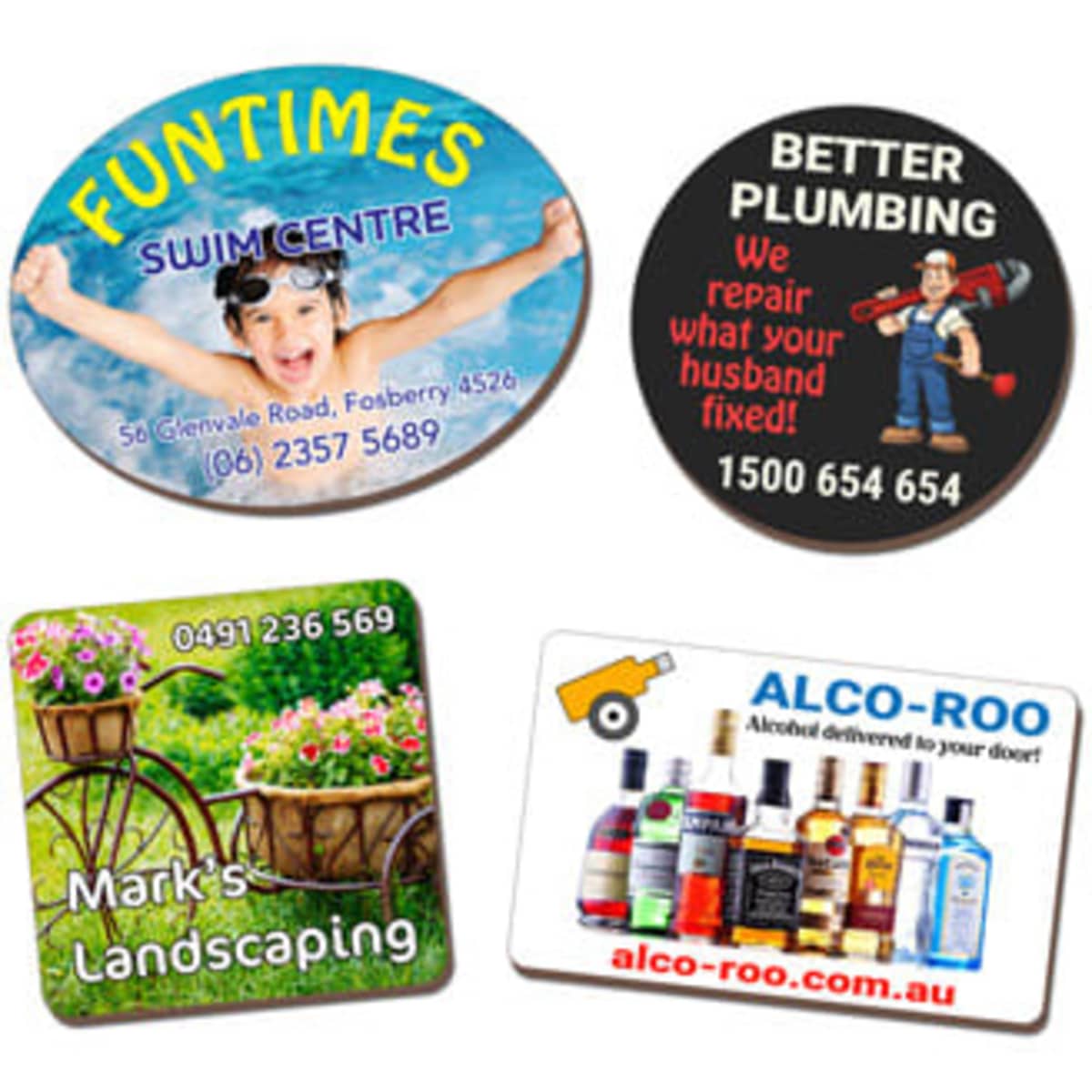 Four eco-friendly MDF magnets in various shapes featuring colourful designs and logos, with text and contact information.