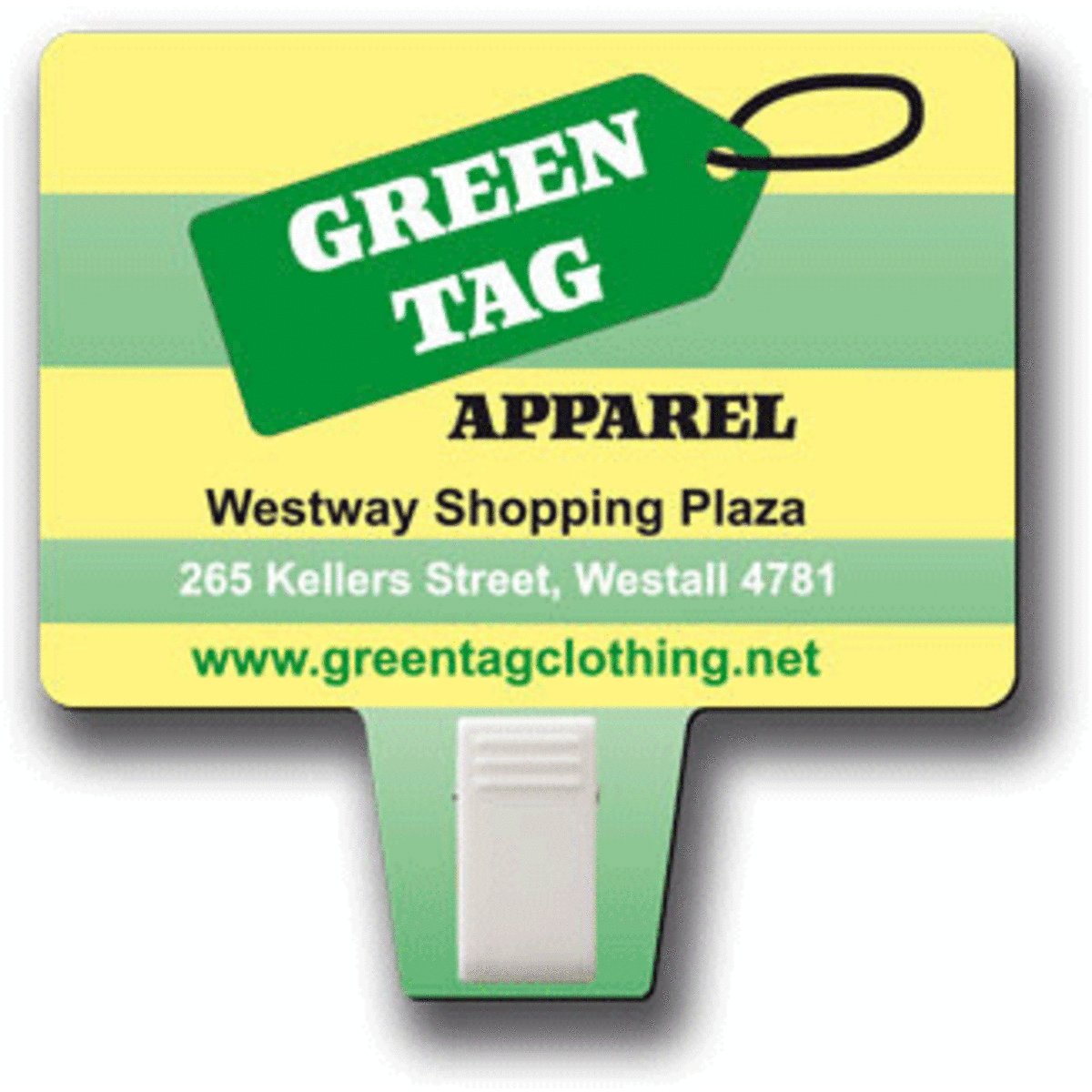 A promotional product featuring a green and yellow tag design with a clip at the bottom and a logo present.