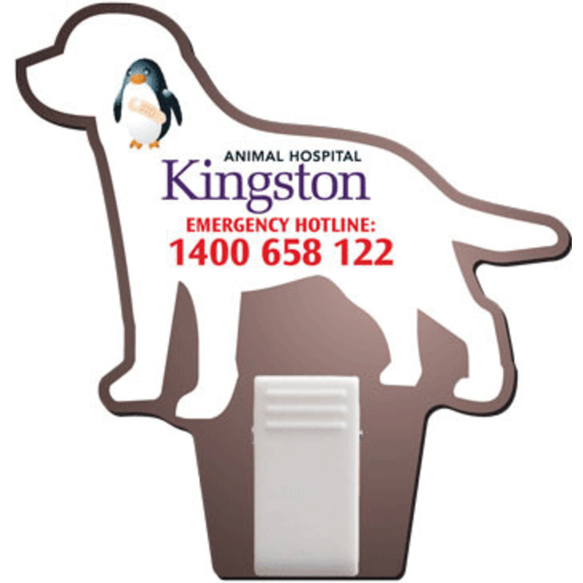 A custom-shaped magnet in the form of a dog, featuring a logo and a white clip at the bottom.