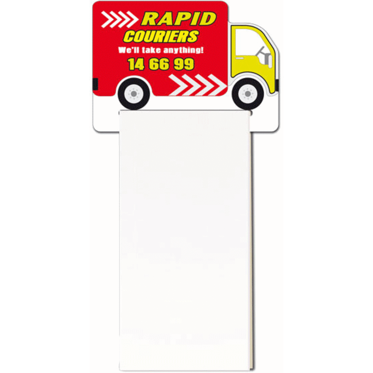 A custom-shaped notepad featuring a red and yellow courier truck design with a white writing area. It has a logo.