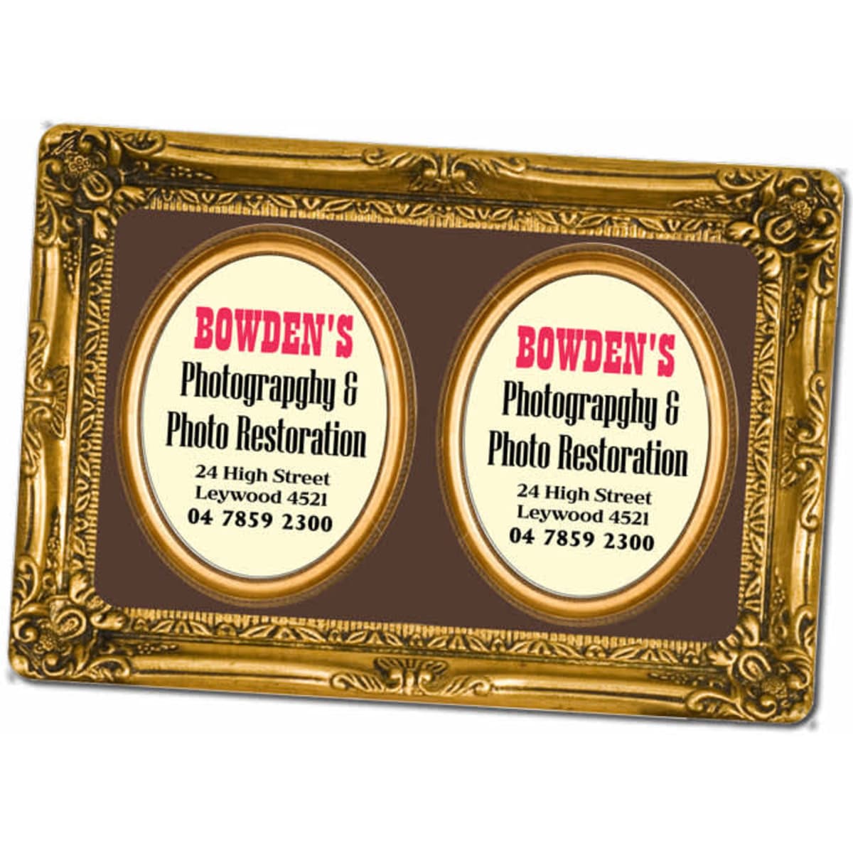 A decorative gold magnetic photo frame featuring two oval spaces for photos or information, set against a brown background.