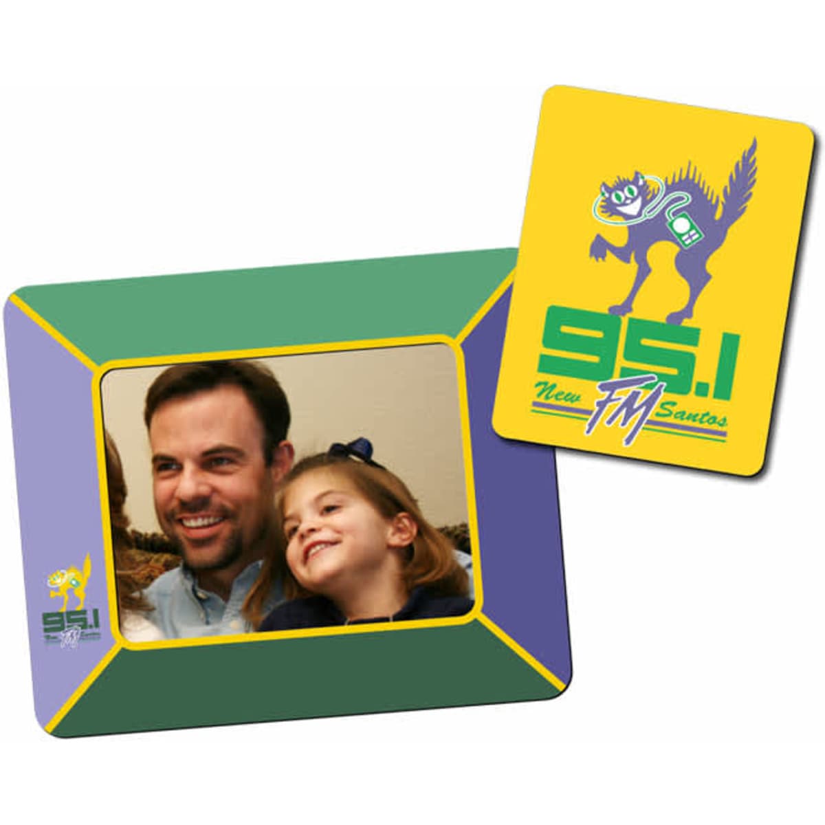A magnetic photo frame featuring a green and purple design, holding a photo of a man and girl, alongside a branded card.
