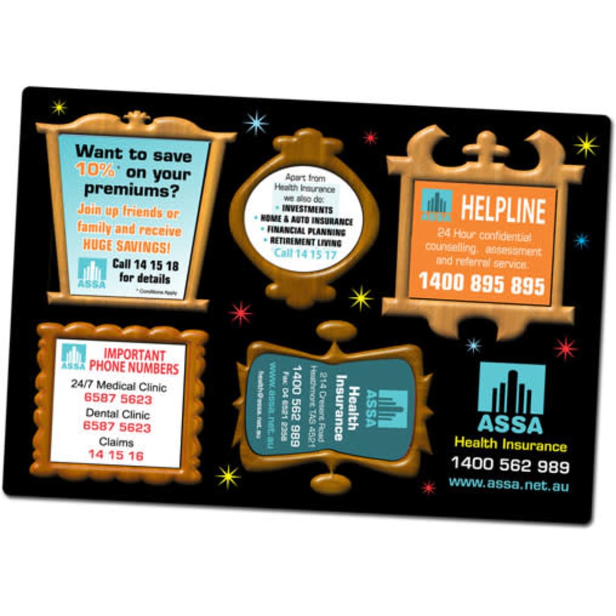 A magnetic photo frame featuring a black background with colourful starburst designs and multiple decorative frames.