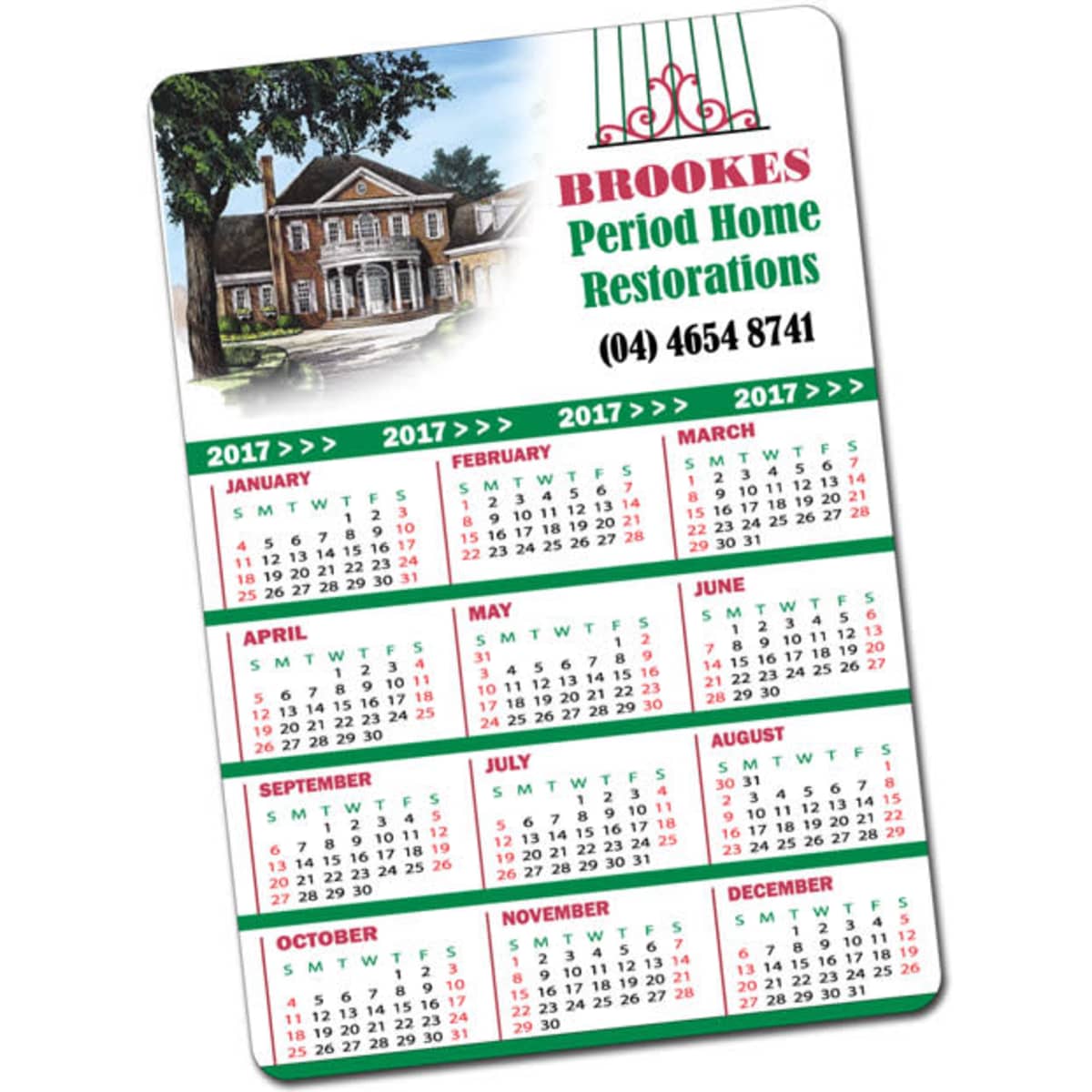 A magnetic calendar featuring a house illustration, coloured with green and red elements, displaying the months and days of 2017.