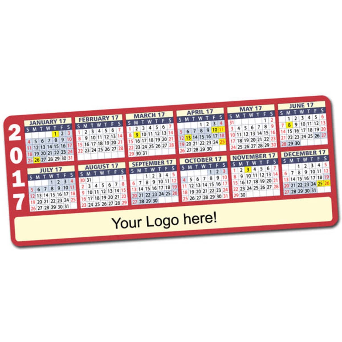 A magnetic calendar in red and white featuring monthly grids for 2017 and a space for a logo.