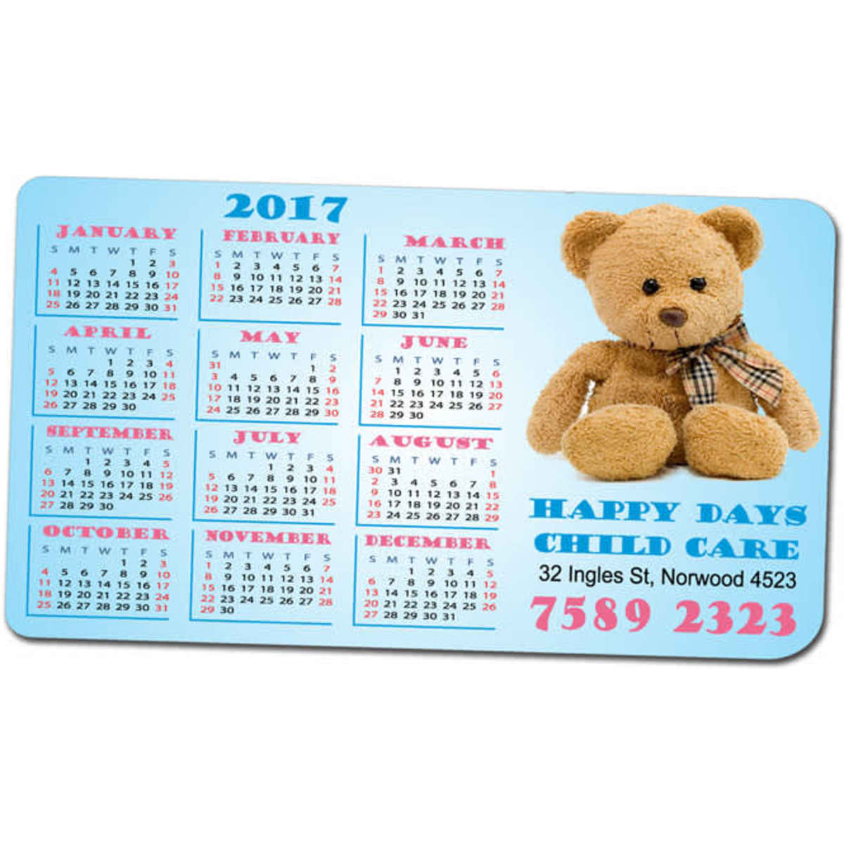 A magnetic calendar featuring a teddy bear, with a blue background and monthly grids displayed for 2017.
