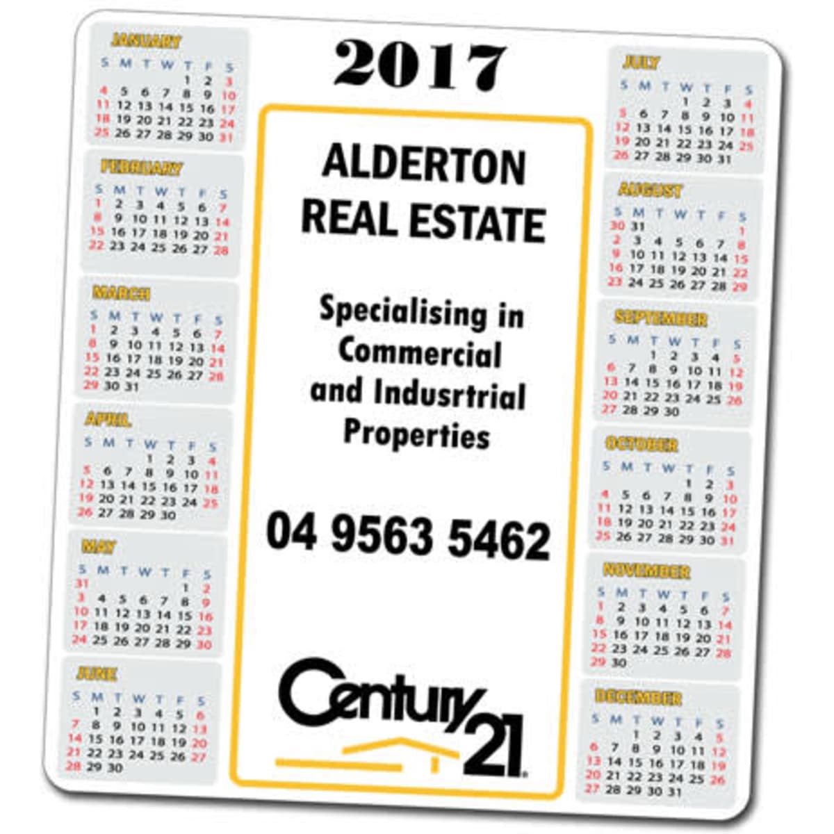 A magnetic calendar featuring a grid layout with dates for each month, primarily in white and yellow with a logo.