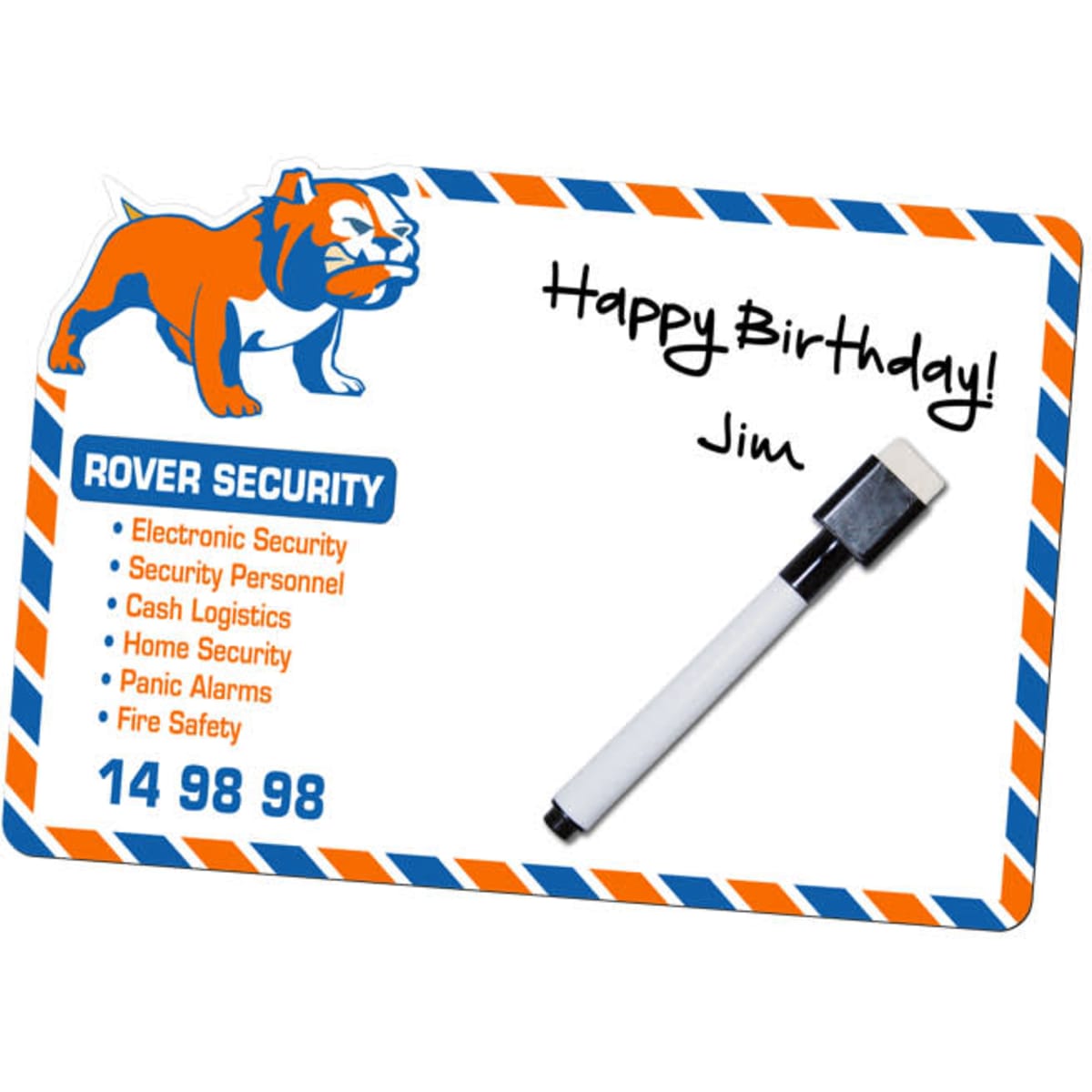 A magnetic whiteboard featuring a colourful bulldog logo, an attached marker, and a handwritten birthday message.