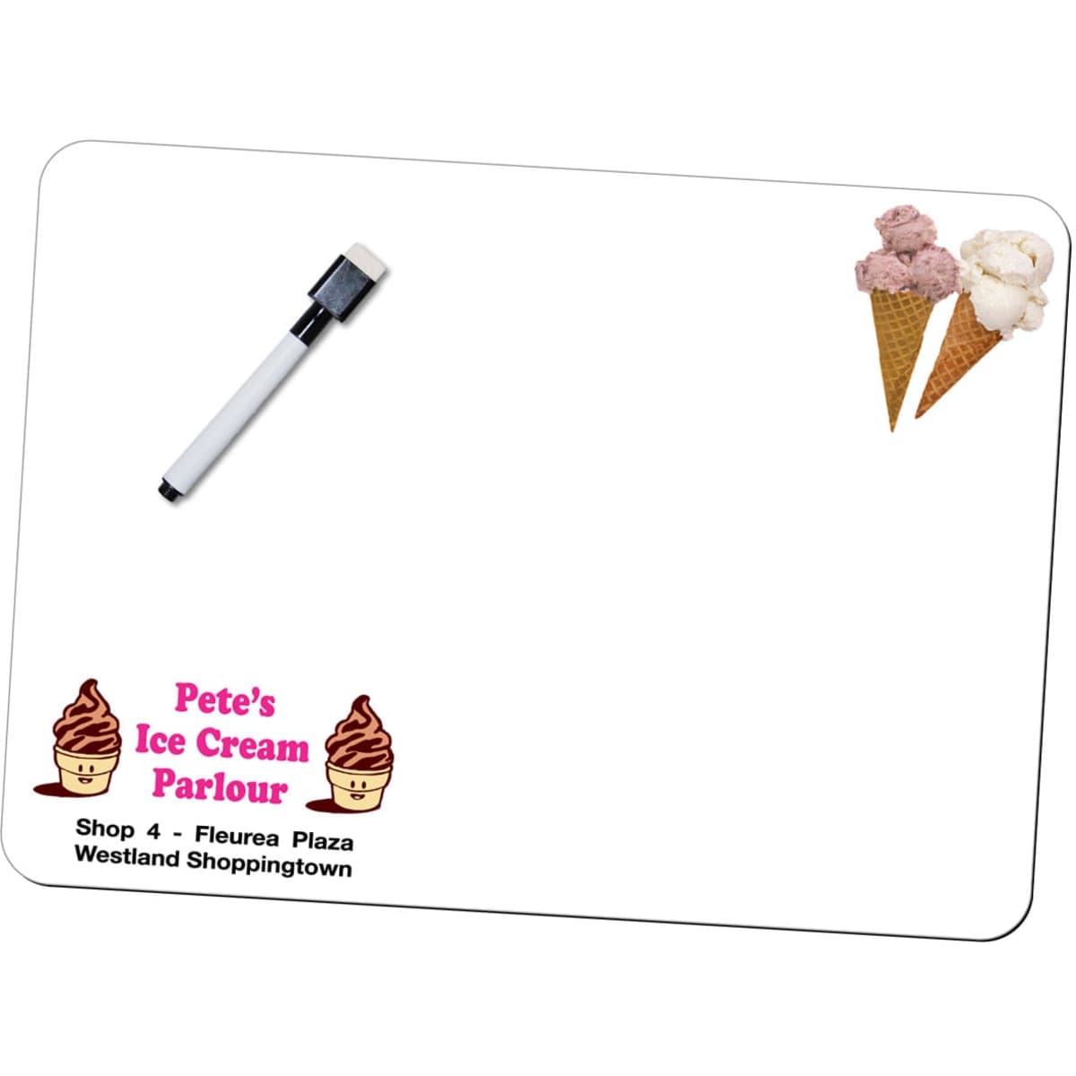 A magnetic whiteboard featuring a black marker, with ice cream illustrations and a logo at the bottom.