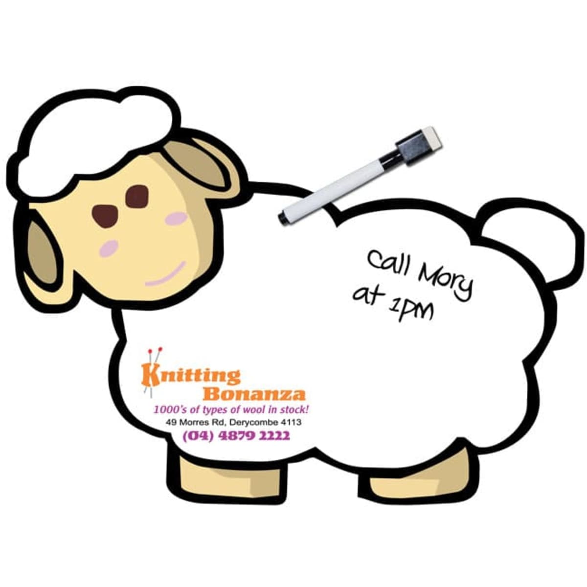 A sheep-shaped magnetic whiteboard with a marker, featuring a logo and space for notes.