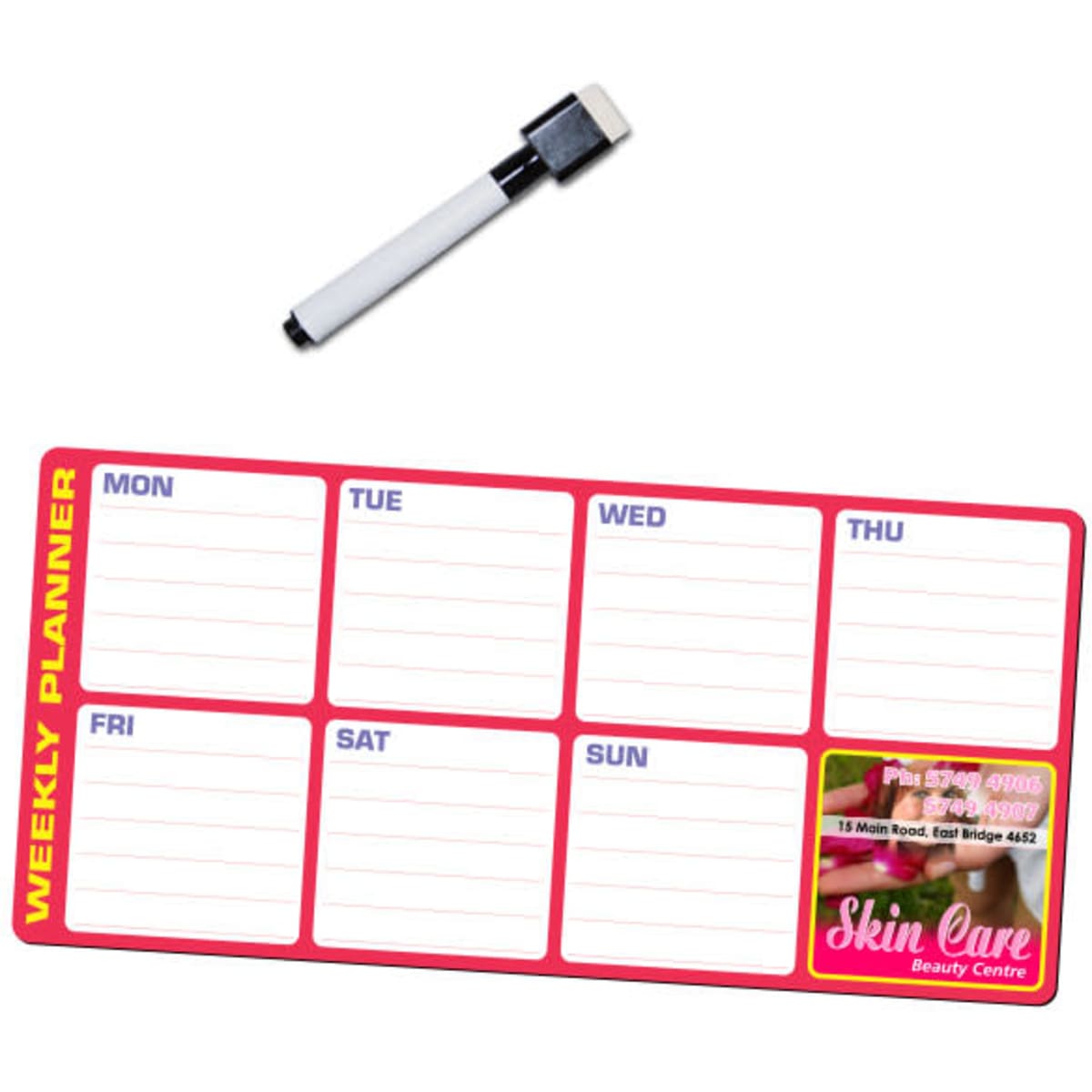 A magnetic whiteboard weekly planner in red, featuring sections for each day of the week, accompanied by a marker.