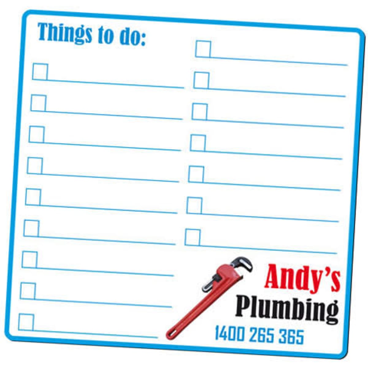 A magnetic whiteboard in blue and white with checklist boxes and a plumbing logo.