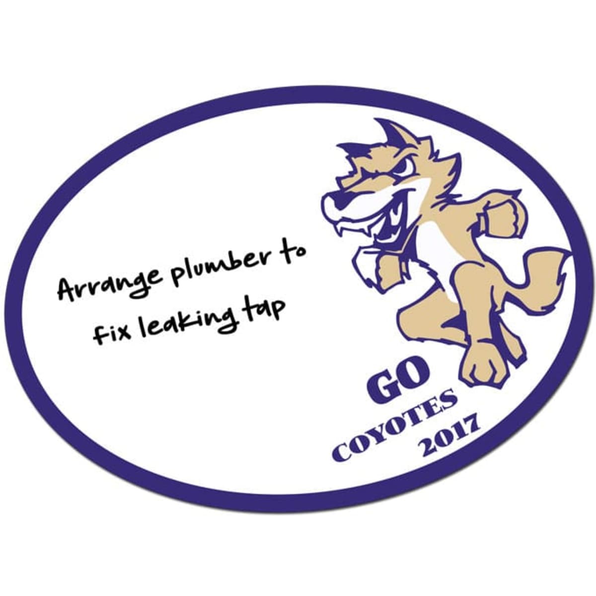 A magnetic whiteboard in oval shape featuring a cartoon wolf mascot and an editable space for notes. Purple and white design.