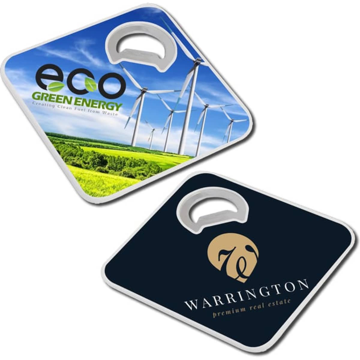 A drink bottle opener coaster featuring a green energy landscape design and a dark-coloured branding side.