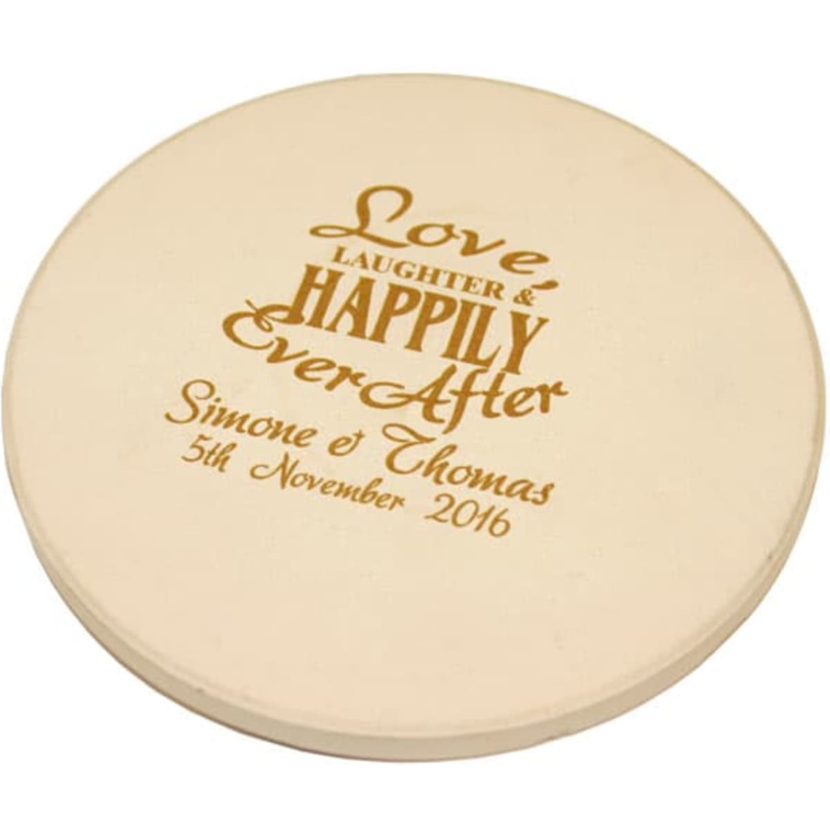 A round, beige absorbent stone coaster featuring engraved decorative text and a branding logo.
