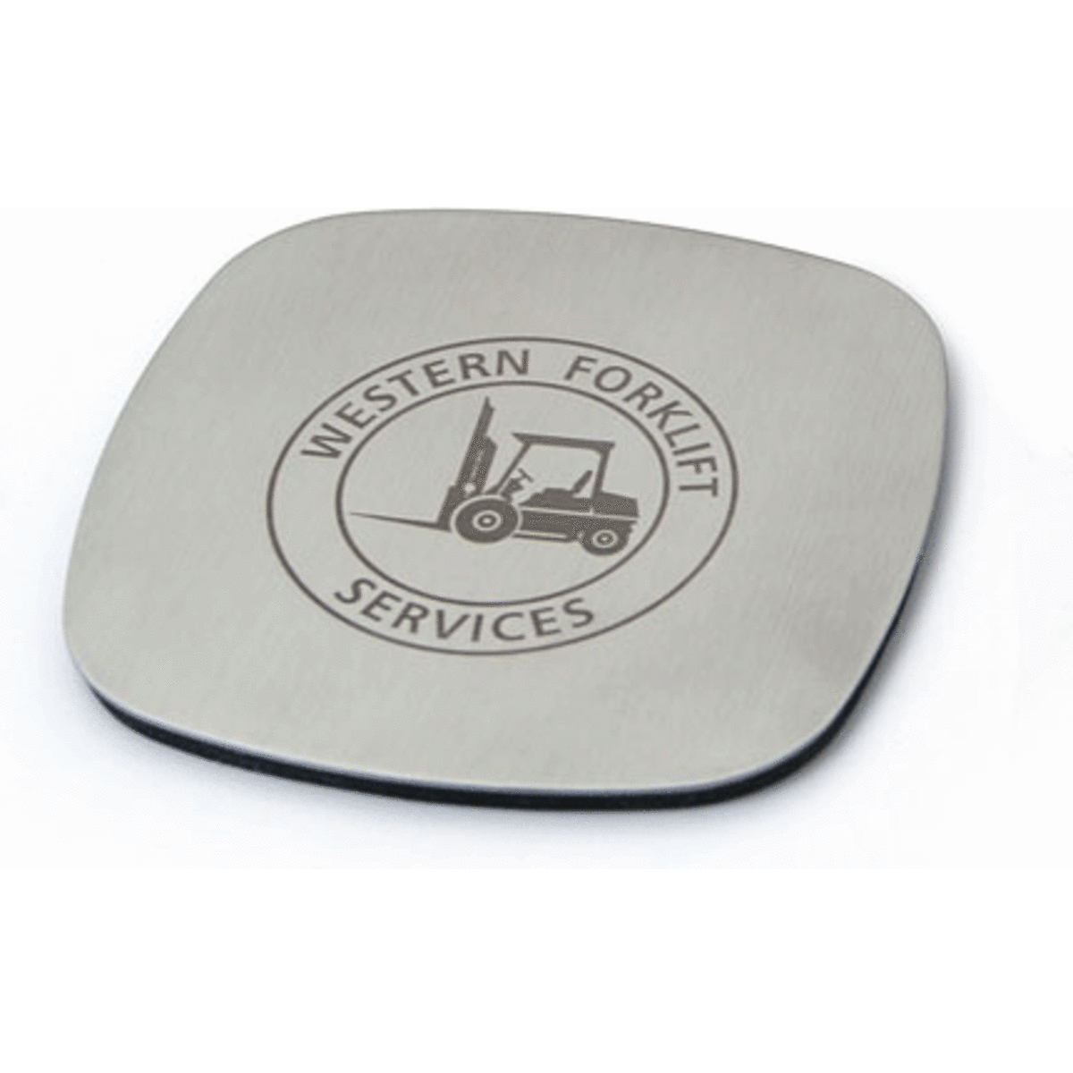 A square metal coaster with a logo design, featuring a forklift graphic and a grey finish.