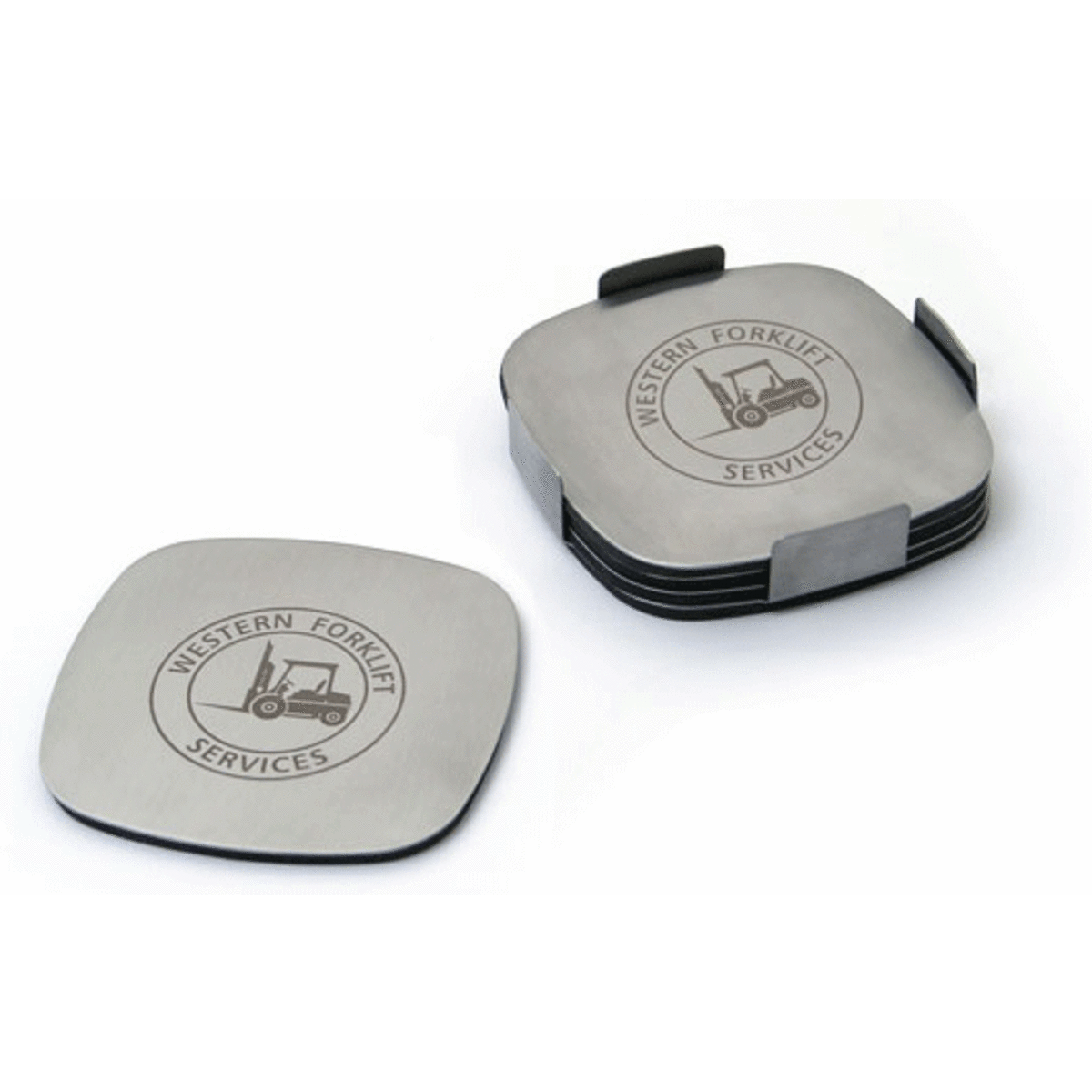 A set of four metallic coasters with rounded edges, stacked together, featuring a logo on the surface.