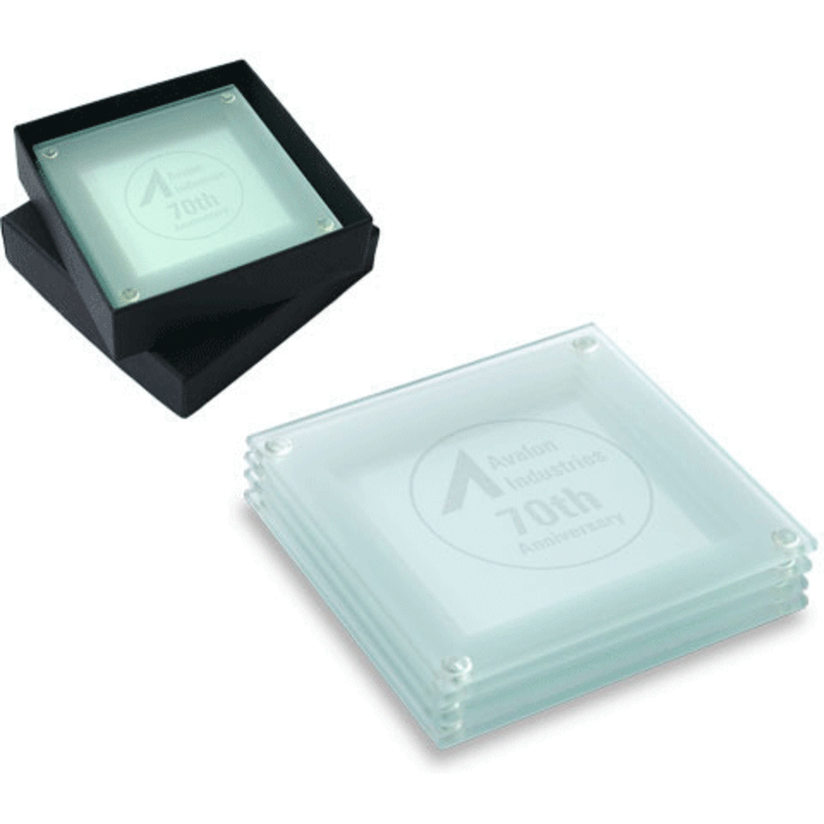 A set of four clear glass coasters stacked with a black storage box. Each coaster is square and slightly frosted.