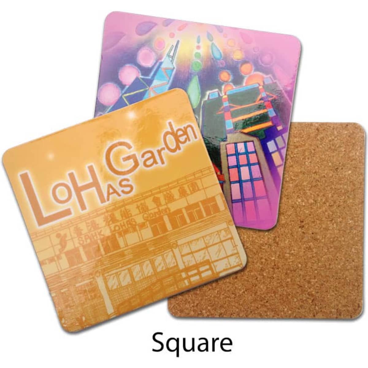 A set of square coasters with vibrant designs in orange, pink, and abstract patterns. One coaster features a cork backing.