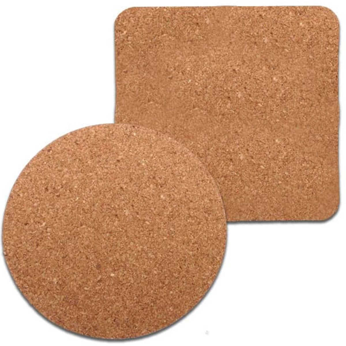 A round and square plain cork coaster in a natural cork colour. Both coasters are unbranded.