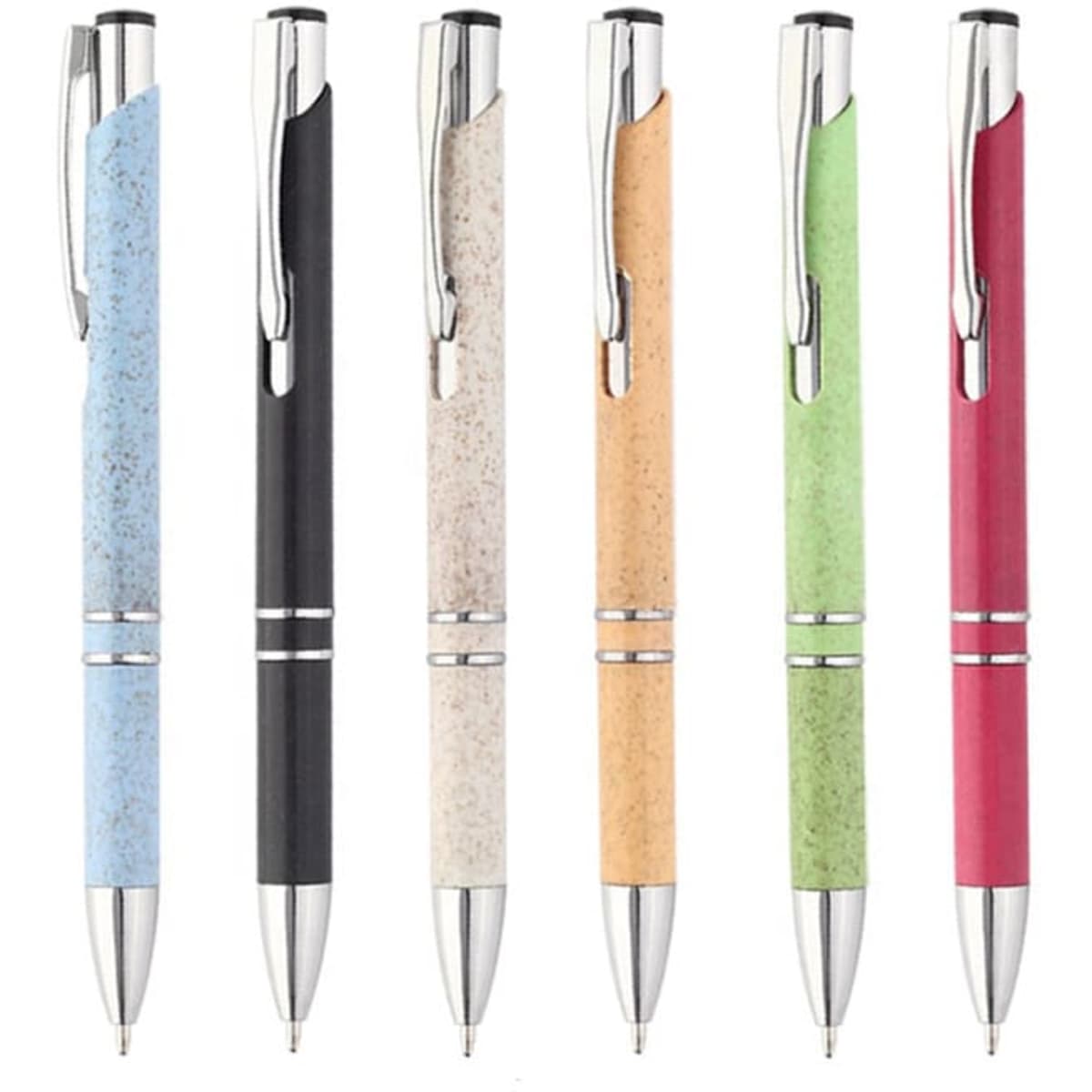 A set of six Concord Wheat Pens in blue, black, grey, orange, green, and red. Each pen has a silver clip and a logo.