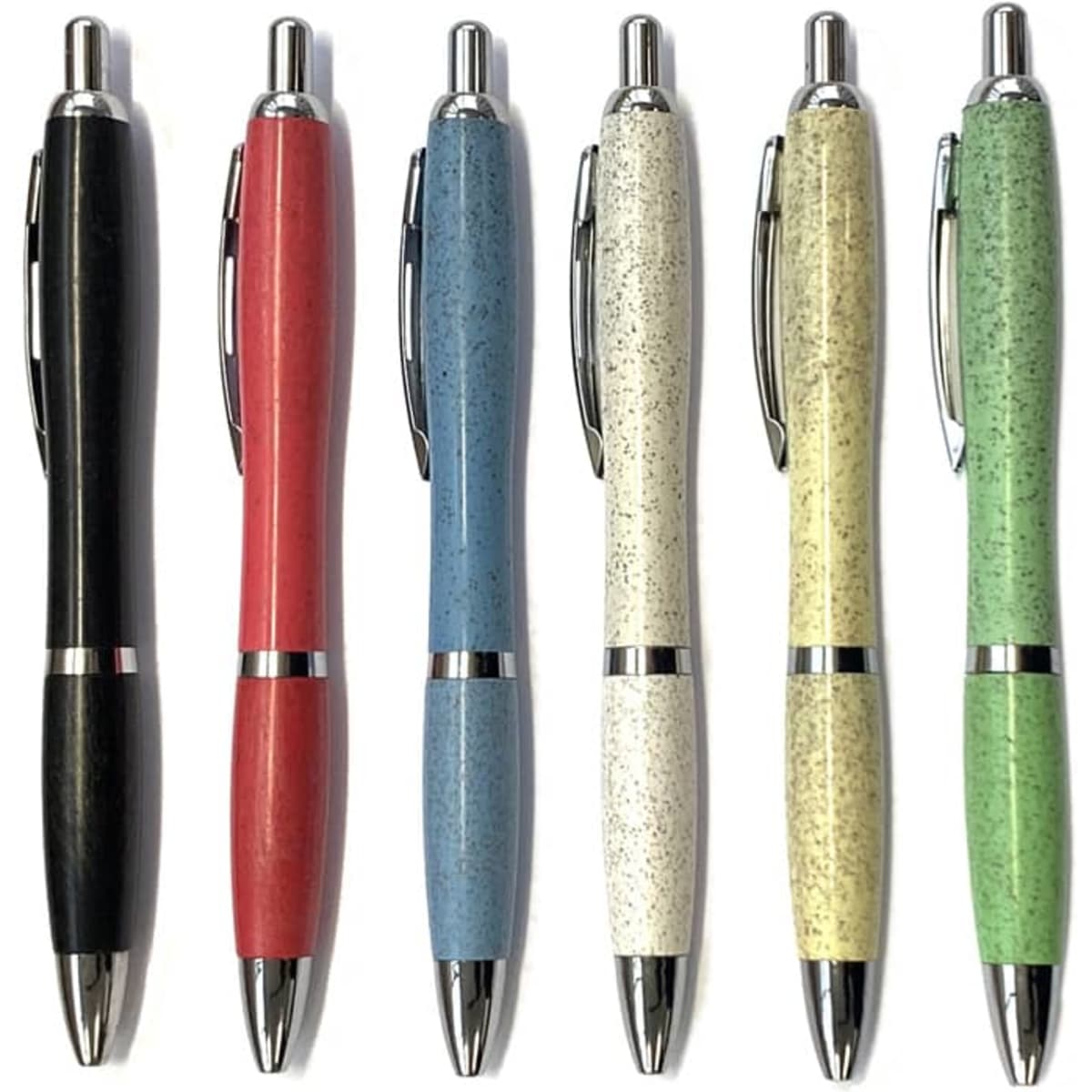 A collection of six Allegra Wheat Pens in black, red, blue, cream, white, and green, featuring a sleek design and a branding element.