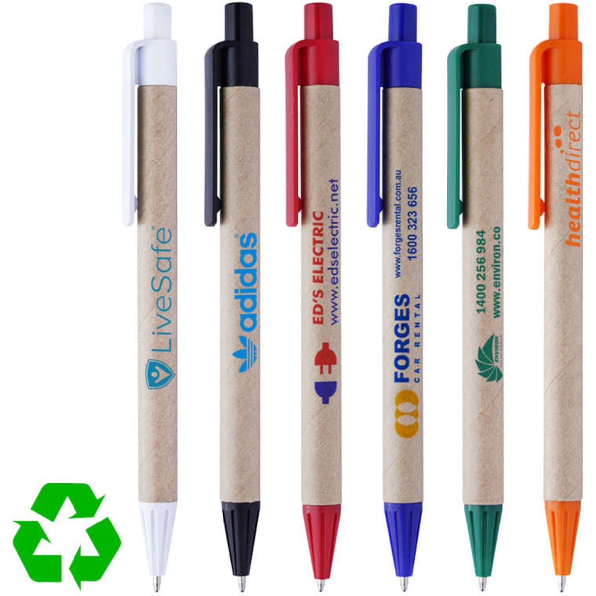 A collection of eco-friendly recycled pens in various colours: white, black, green, red, and blue, each with a logo.