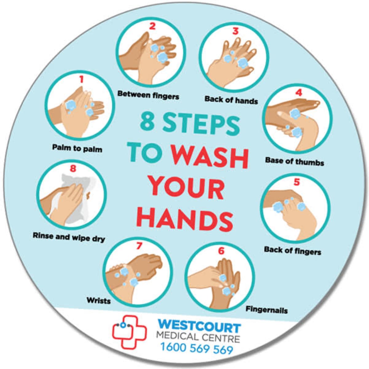 A circular sticker with illustrations demonstrating eight steps to wash hands, featuring various hand positions and instructions.